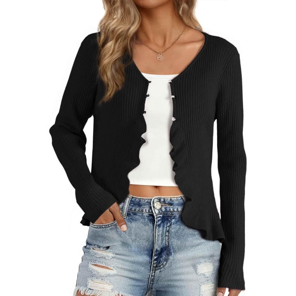 Women's Ruffle Cardigan Knit V Neck Long Sleeve Cropped Sweater Bolero